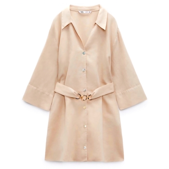 ZARA Sand Belted Mini Shirt Dress Medium Linen Castlecore Minimalist Old Money - Picture 1 of 13